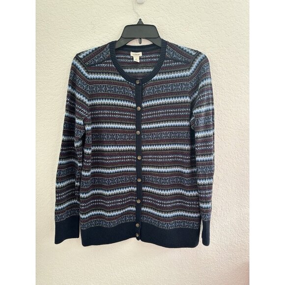 LL Bean Nordic Fair Isle‎ Cardigan Sweater Blue Cotton Cashmere Size M Grandma - Picture 1 of 8